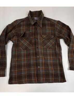 Vintage Pendleton Men’s Size M Brown Plaid Wool Board Shirt Made in USA